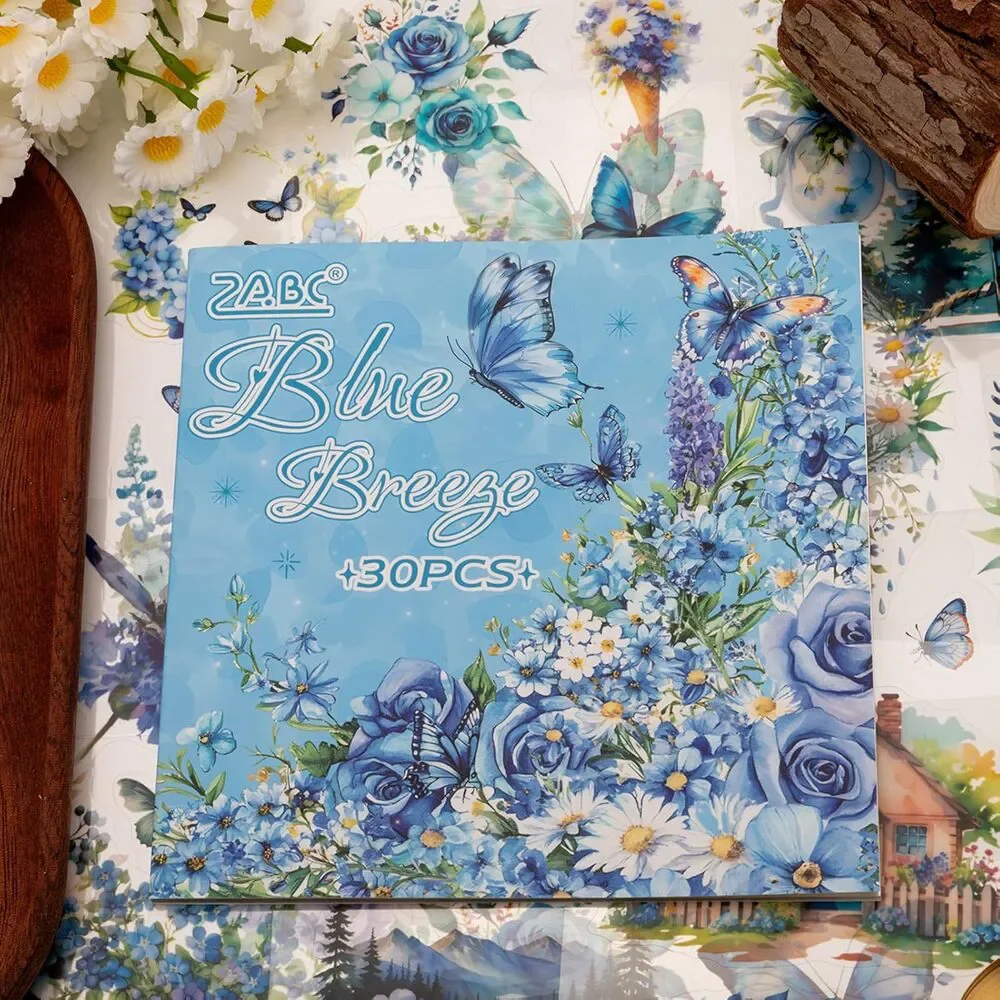 Blue Butterfly Scrapbooking Stickers Junk Journal PET Vintage Floral 30 Sheets